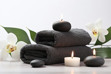 Spa stones with towels and candles on white background