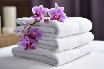 Fototapeta na wymiar Stack of white folded towels with flowers