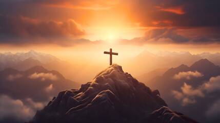 Wooden cross silhouette on rocky mountain top or peak, sunrise on the sky. Christian faith or religion, crucifixion of Jesus Christ, Calvary sacrifice for salvation and forgiveness - obrazy, fototapety, plakaty