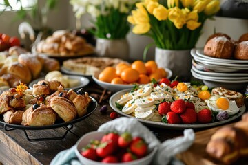 Easter Brunch Spread With Pastries And Fruits, Creating Festive And Delicious Meal - obrazy, fototapety, plakaty