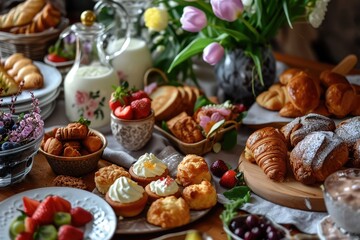 Creating A Festive And Delicious Easter Brunch Spread With Pastries And Fruits.