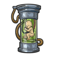 artificially born created baby in science fiction laboratory sketch hand drawn color engraving vector illustration. Scratch board imitation. Black and white hand drawn image. © Oleksandr Pokusai