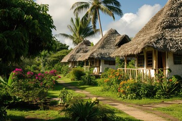 Fototapeta na wymiar Sustainable Resort With Thatched-Roof Bungalows And Solar Power