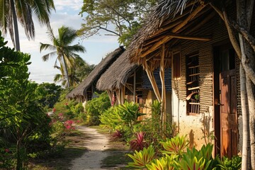 Fototapeta na wymiar Sustainable Resort Featuring Thatched Roof Bungalows Powered By Solar Energy