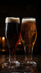 Cervejas escura e clara contrastando em taças refinadas
