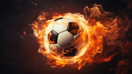 A fiery soccer ball was kicked with power on the field. Spin a soccer ball in a burning flame in the dark.