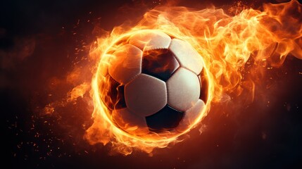 A fiery soccer ball was kicked with power on the field. Spin a soccer ball in a burning flame in...