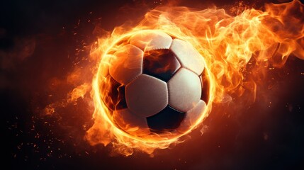 A fiery soccer ball was kicked with power on the field. Spin a soccer ball in a burning flame in the dark.