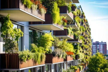Fototapeta na wymiar Sustainable Living: Ecofriendly Apartment Complex With Plant-Adorned Balconies