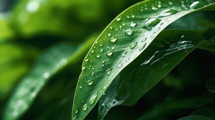 Close-up of tropical green leaves with water droplets sliding on top after heavy rain.