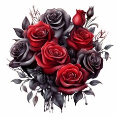 Black and red bouquet of roses in gothic style on a white isolated background