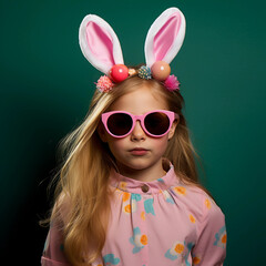 Easter studio portrait of a young girl with sunglasses and easter bunny ears 