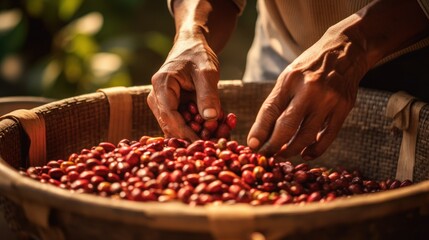 Closeup of worker harvesting coffee beans in sieve