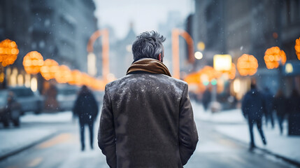 Rearview photo of a middle aged man walking on a snowy city street in winter, wearing a coat and...