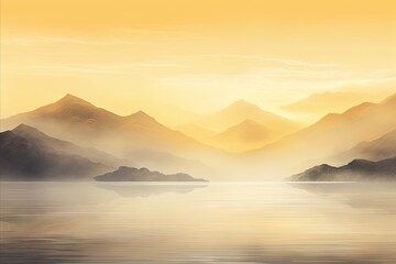 a mountain range is seen in the mist at sunrise, in the style of large canvas sizes, calm waters, vibrant stage backdrops, panoramic scale, light amber and white, solarizing master.