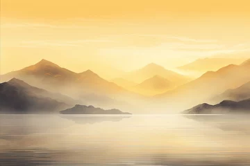 Deurstickers a mountain range is seen in the mist at sunrise, in the style of large canvas sizes, calm waters, vibrant stage backdrops, panoramic scale, light amber and white, solarizing master. © James Ellis