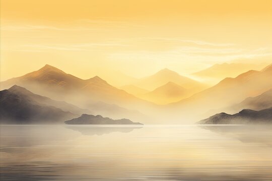 a mountain range is seen in the mist at sunrise, in the style of large canvas sizes, calm waters, vibrant stage backdrops, panoramic scale, light amber and white, solarizing master.