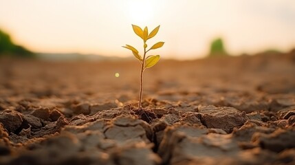 One seedling is dying in dry soil. Concepts of drought, cracked soil, global warming, water shortages lack of fresh water resources