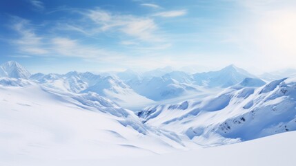 The picturesque mountains were covered in a layer of pristine white snow with soft sunlight.
