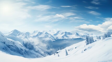 Fototapeta premium The picturesque mountains were covered in a layer of pristine white snow with soft sunlight.