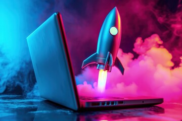 Rocket taking off and laptop, background with neon light, business, startup and technology. Generative AI