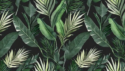 green tropical leaves exotic palm jungle foliage luxury seamless pattern hand drawn pastel vintage 3d illustration dark watercolor background art wallpaper cloth fabric printing goods wall - obrazy, fototapety, plakaty