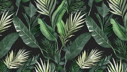 Fototapeten green tropical leaves exotic palm jungle foliage luxury seamless pattern hand drawn pastel vintage 3d illustration dark watercolor background art wallpaper cloth fabric printing goods wall © Art_me2541