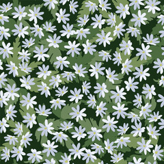 Vector floral seamless pattern, white small flowers on a dark green background with leaves