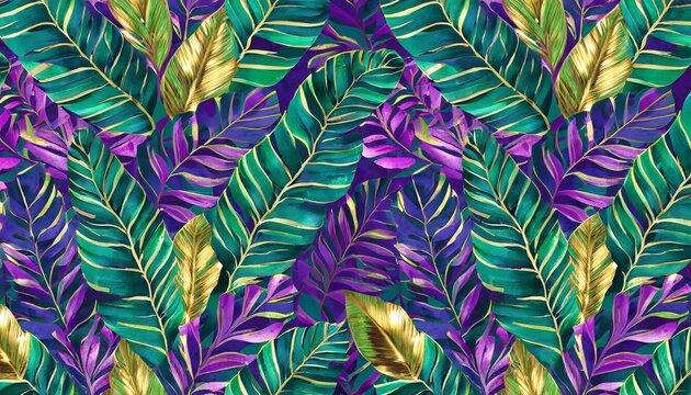 tropical colourful leaves in blue green gold purple hand painted 3d illustration floral seamless pattern premium texture abstract background luxury mural art exotic wallpaper digital paper