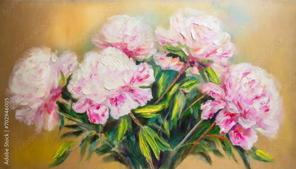 Wall mural oil painting with bouquet of pink peonies ai