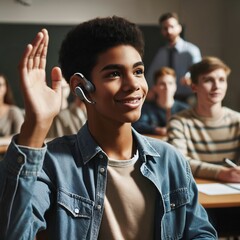Hearing impaired student with hearing aid. Wearing hearing device in ear, studying at college or school. Lesson in Classroom. Hearing loss. Education. Deaf. Hearing aids. Generative AI - obrazy, fototapety, plakaty