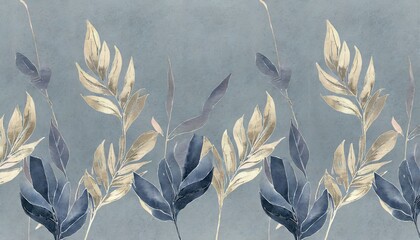 blue vintage tropical leaves in seamless border design premium wallpaper luxury silver grey...