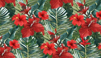 tropical exotic seamless pattern with red hibiscus bromeliad birds monstera banana leaves palm colocasia hand drawn 3d illustration good for production wallpapers cloth and fabric printing