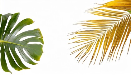 monstera deliciosa and yellow palm tropical leaves isolated on white background