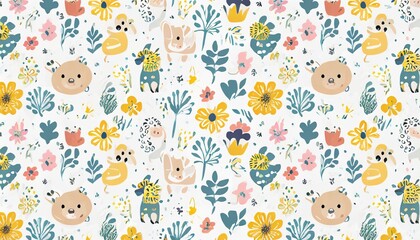 abstract doodles baby animals and flowers pattern illustration with cute animals nursery baby illustration