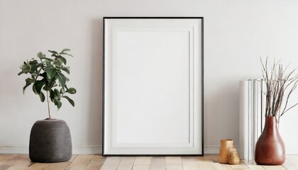 white vertical poster art frame mockup with passepartout in room 3d rendering - obrazy, fototapety, plakaty