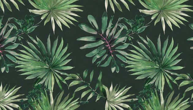 green tropical leaves exotic palm jungle foliage luxury seamless pattern hand drawn pastel vintage 3d illustration dark watercolor background art wallpaper cloth fabric printing goods wall