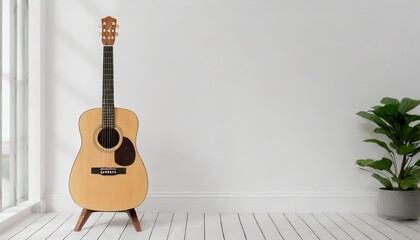 acoustic guitar mockup on stand in white empty room 3d rendering - obrazy, fototapety, plakaty