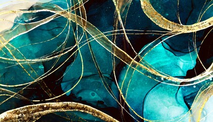alcohol ink abstract dark background with bright accent deep blue and turqoise texture golden paths design elements hand painted art graphic for wallpapers printed materials