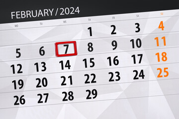 Obraz premium Calendar 2024, deadline, day, month, page, organizer, date, February, wednesday, number 7