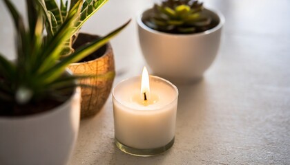 Fototapeta na wymiar serene meditation and wellness calm candle with plants and soft light yoga