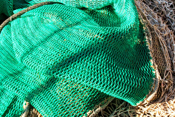 Fishing blue nets background. Fishing concept, fresh food
