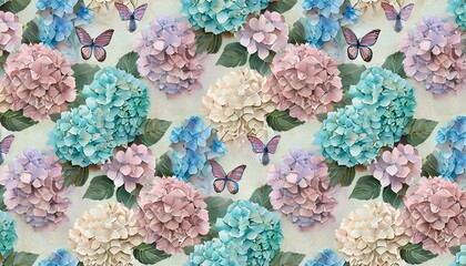 watercolor painting with hydrangea flowers bouquets butterflies seamless pattern luxury wallpaper beautiful art 3d illustration pastel colors pink purple turquoise beige digital paper