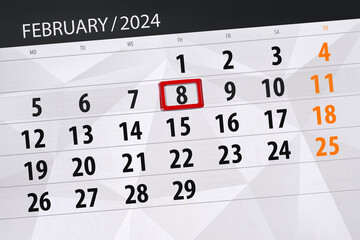 Calendar 2024, deadline, day, month, page, organizer, date, February, thursday, number 8