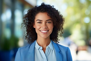 a smiling business woman smiling to the camera, in the style of light indigo and indigo, 8k resolution, polished craftsmanship, tenwave, vibrant colorism, language-based, academic precision.
