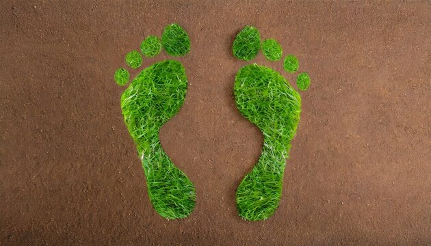 two footprint shape symbols made from grass on brown soil background ecology environment or carbon footprint concept