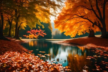 Beautiful autumn landscape with. Colorful foliage in the park. Falling leaves natural background 