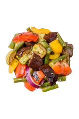 Delicious juicy fresh salad of baked eggplant, tomatoes, zucchini, onions