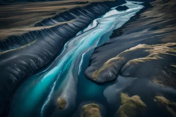 Fototapeten A glacial rivers from above. Aerial photograph of the river streams from Icelandic glaciers. Beautiful art of the Mother nature created in Iceland. Wallpaper background high quality photo  © Muzamil