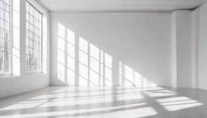 empty white interior room with large window and sun shadow modern architecture template background